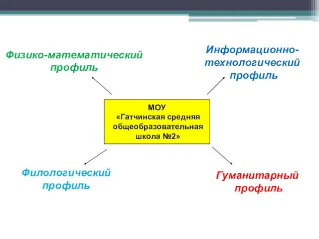 МОУ «Гатчинская средняя общеобразовательная школа №2» Физико-математический профиль Информационно-технологический профиль Филологический профиль Гуманитарный профиль