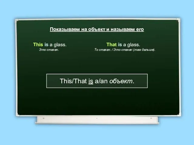 Показываем на объект и называем его This is a glass. Это стакан.