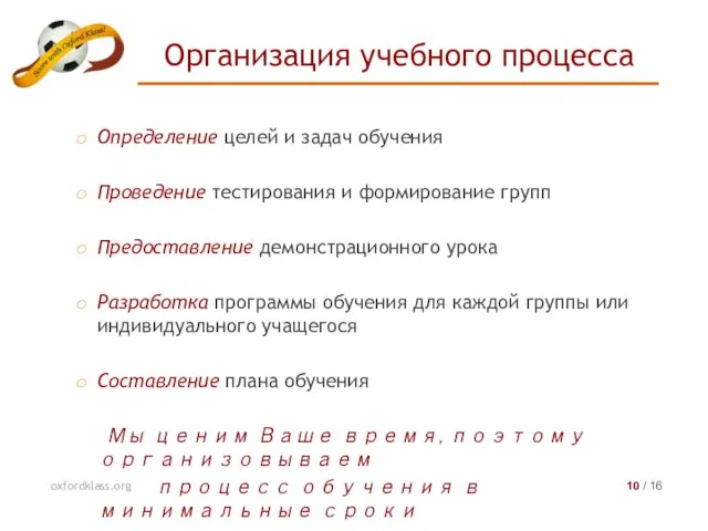 Определение целей и задач обучения Проведение тестирования и формирование групп Предоставление демонстрационного