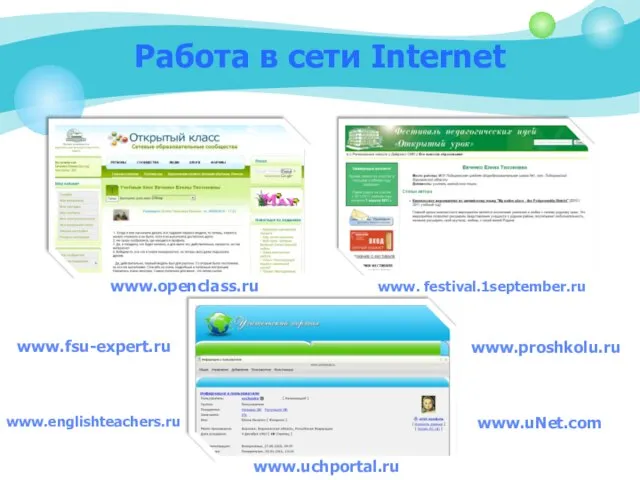 Работа в сети Internet www.openclass.ru www. festival.1september.ru www.uchportal.ru www.fsu-expert.ru www.proshkolu.ru www.englishteachers.ru www.uNet.com