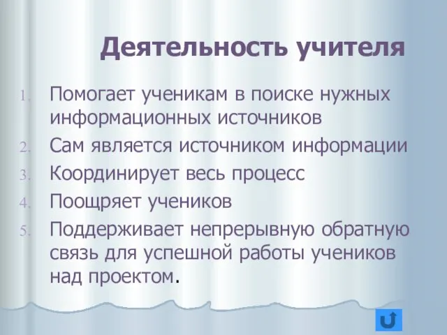 Деятельность учителя Помогает ученикам в поиске нужных информационных источников Сам является источником