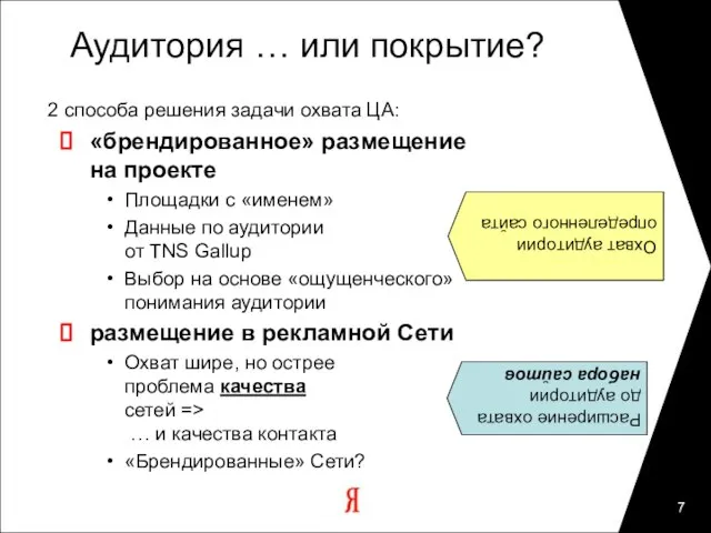 Аудитория … или покрытие? 2 способа решения задачи охвата ЦА: «брендированное» размещение