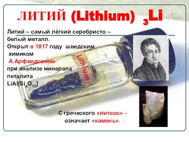 ЛИТИЙ (Lithium) 3Li Литий – самый лёгкий серебристо – белый металл. Открыт