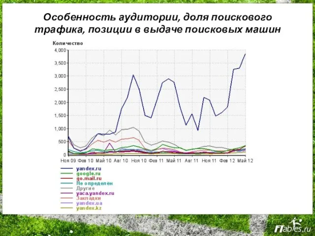 Особенность аудитории, доля поискового трафика, позиции в выдаче поисковых машин