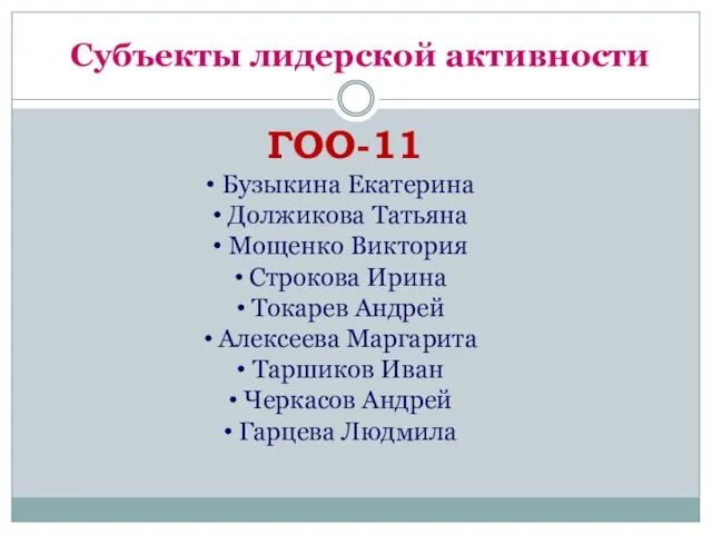 Субъекты лидерской активности ГОО-11 Бузыкина Екатерина Должикова Татьяна Мощенко Виктория Строкова Ирина