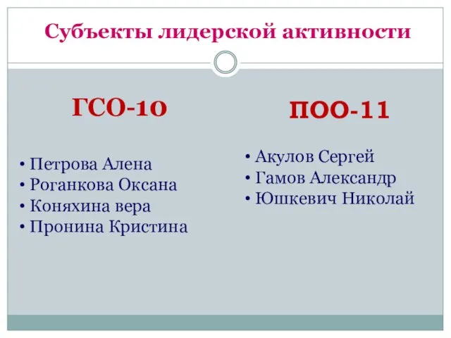 Субъекты лидерской активности ПОО-11 Акулов Сергей Гамов Александр Юшкевич Николай ГСО-10 Петрова