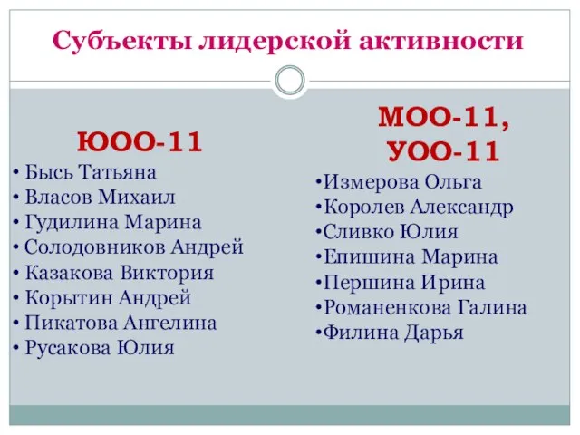 Субъекты лидерской активности МОО-11, УОО-11 Измерова Ольга Королев Александр Сливко Юлия Епишина