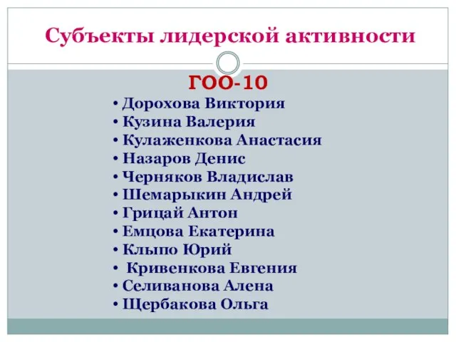 Субъекты лидерской активности ГОО-10 Дорохова Виктория Кузина Валерия Кулаженкова Анастасия Назаров Денис