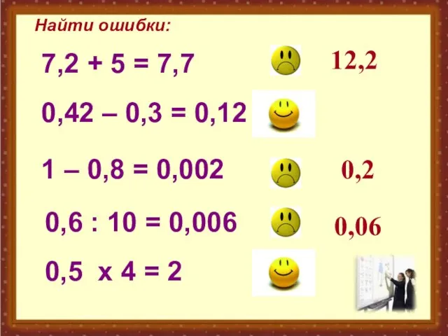 Найти ошибки: 12,2 0,2 0,06 7,2 + 5 = 7,7 0,42 –