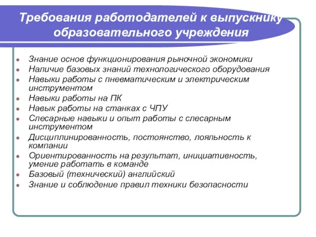 Требования работодателей к выпускнику образовательного учреждения Знание основ функционирования рыночной экономики Наличие