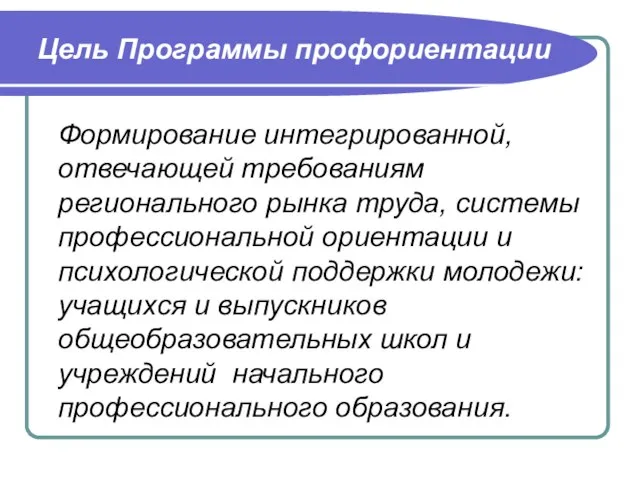 Цель Программы профориентации Формирование интегрированной, отвечающей требованиям регионального рынка труда, системы профессиональной