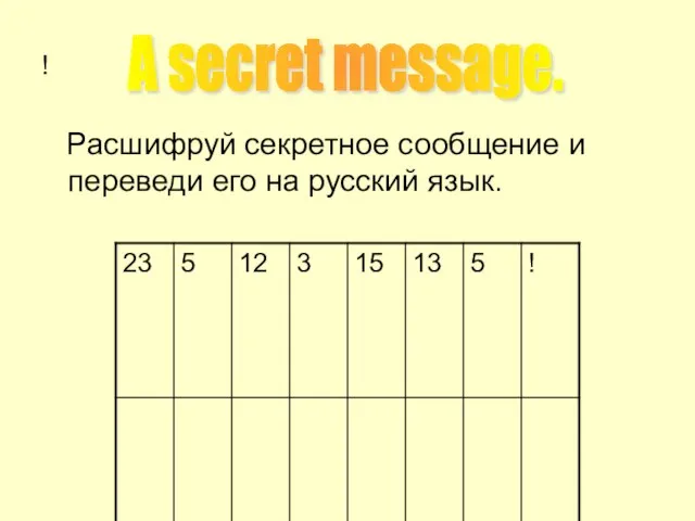 ! Расшифруй секретное сообщение и переведи его на русский язык. A secret message.