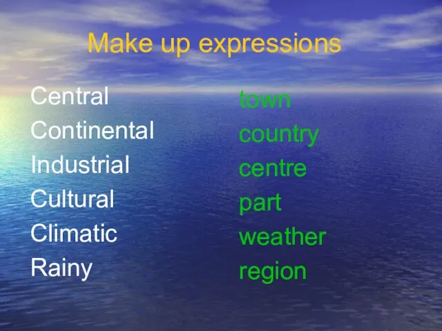 Make up expressions Central Continental Industrial Cultural Climatic Rainy town country centre part weather region