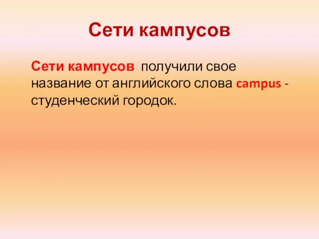 Сети кампусов Сети кампусов получили свое название от английского слова campus - студенческий городок.