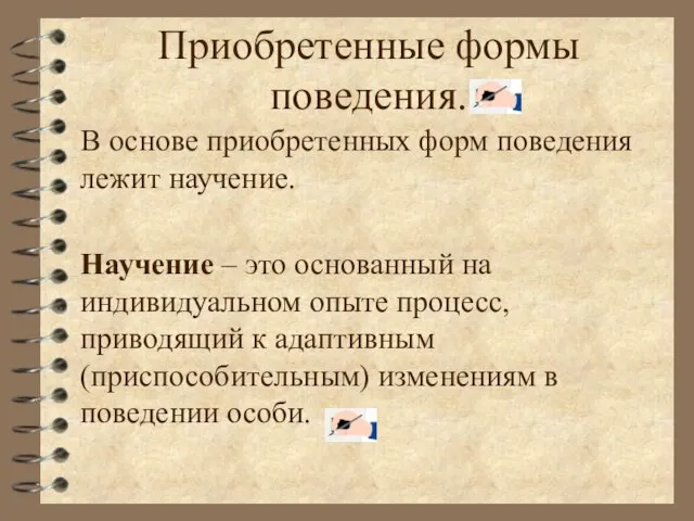 Приобретенные формы поведения. В основе приобретенных форм поведения лежит научение. Научение –