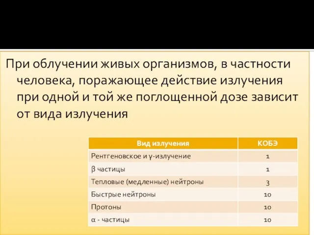 При облучении живых организмов, в частности человека, поражающее действие излучения при одной