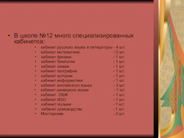 В школе №12 много специализированных кабинетов: кабинет русского языка и литературы -