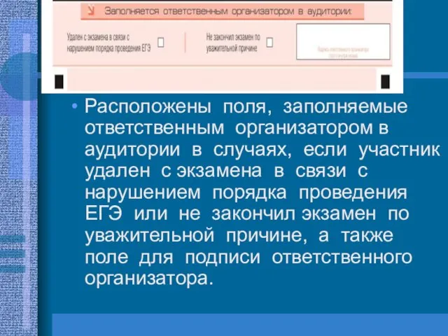 Расположены поля, заполняемые ответственным организатором в аудитории в случаях, если участник удален