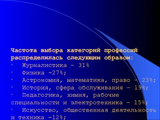 Частота выбора категорий профессий распределилась следующим образом: · Журналистика – 31% ·