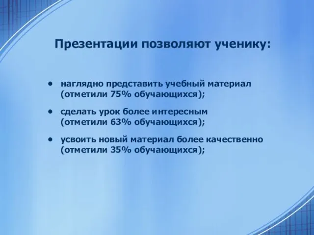 Презентации позволяют ученику: наглядно представить учебный материал (отметили 75% обучающихся); сделать урок