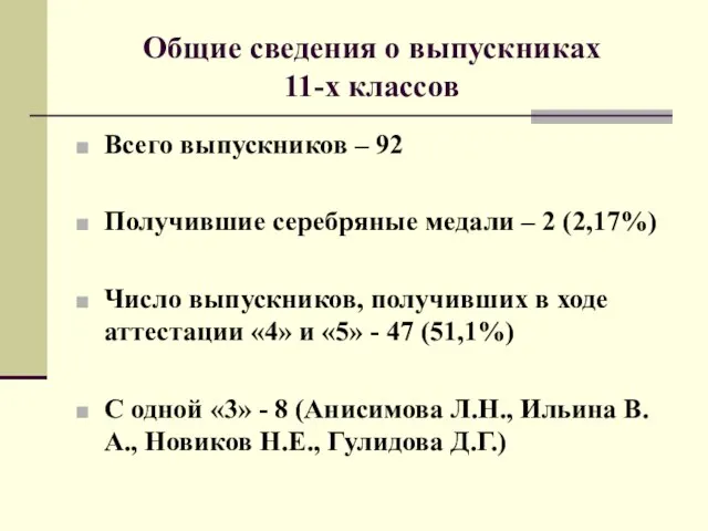 Общие сведения о выпускниках 11-х классов Всего выпускников – 92 Получившие серебряные