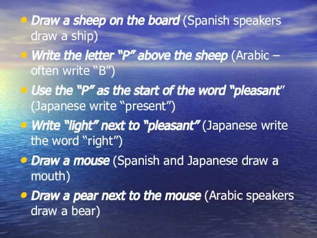 Draw a sheep on the board (Spanish speakers draw a ship) Write