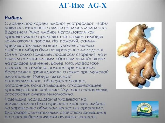 АГ-Икс AG-X Имбирь. С давних пор корень имбиря употребляют, чтобы повысить жизненные