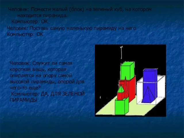 Человек: Помести малый (блок) на зеленый куб, на котором находится пирамида. Компьютер: