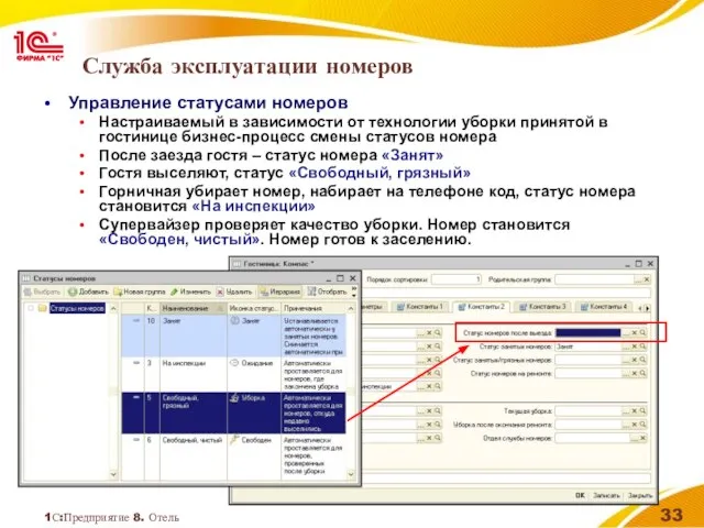 1С:Предприятие 8. Отель Служба эксплуатации номеров Управление статусами номеров Настраиваемый в зависимости