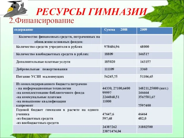 РЕСУРСЫ ГИМНАЗИИ 2.Финансирование