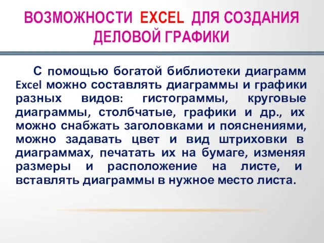 ВОЗМОЖНОСТИ EXCEL ДЛЯ СОЗДАНИЯ ДЕЛОВОЙ ГРАФИКИ С помощью богатой библиотеки диаграмм Excel