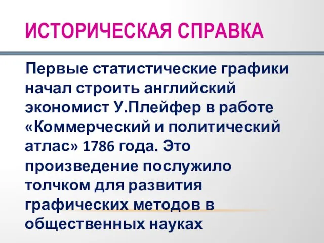 ИСТОРИЧЕСКАЯ СПРАВКА Первые статистические графики начал строить английский экономист У.Плейфер в работе