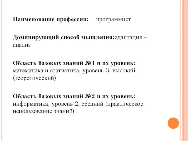 Наименование профессии: программист Доминирующий способ мышления: адаптация – анализ Область базовых знаний