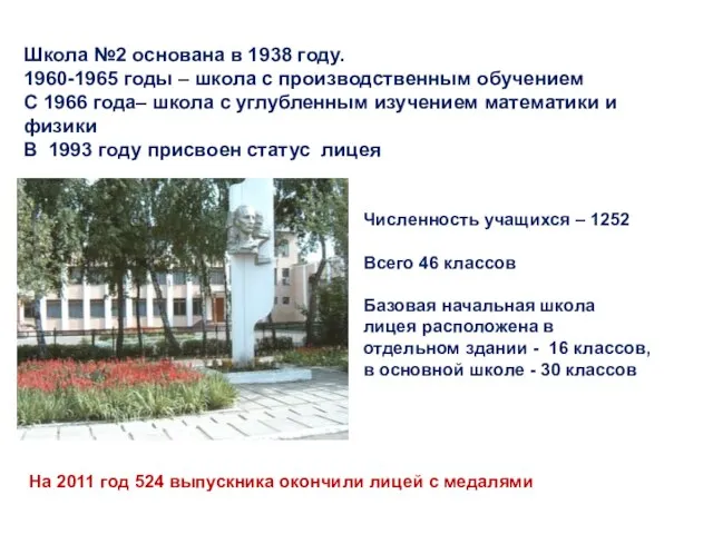 Школа №2 основана в 1938 году. 1960-1965 годы – школа с производственным