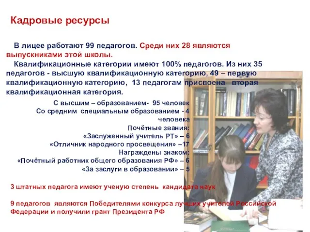 Кадровые ресурсы С высшим – образованием- 95 человек Со средним специальным образованием