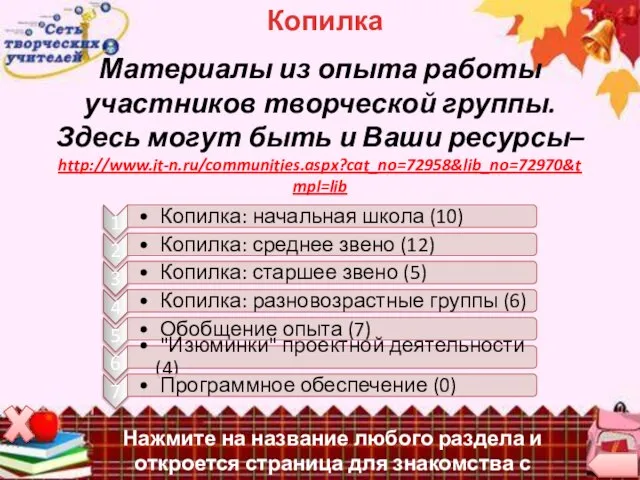 Копилка Материалы из опыта работы участников творческой группы. Здесь могут быть и