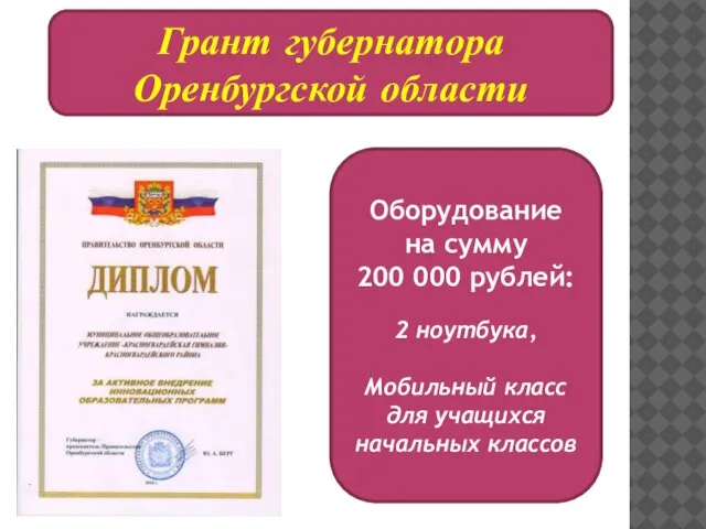 Грант губернатора Оренбургской области Оборудование на сумму 200 000 рублей: 2 ноутбука,