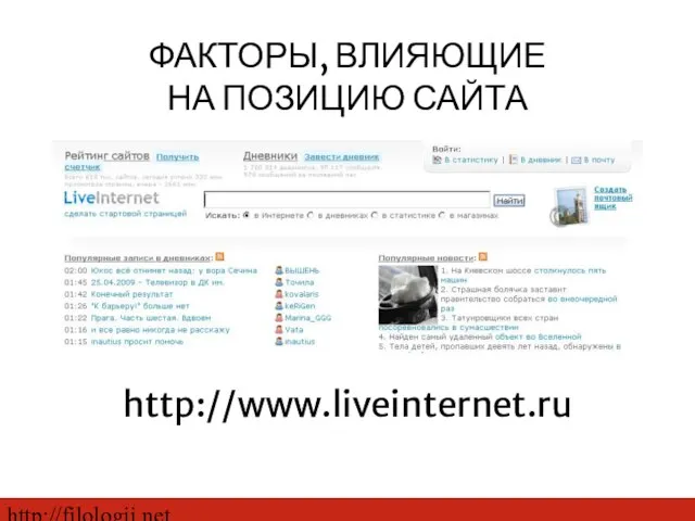 http://filologii.net ФАКТОРЫ, ВЛИЯЮЩИЕ НА ПОЗИЦИЮ САЙТА http://www.liveinternet.ru