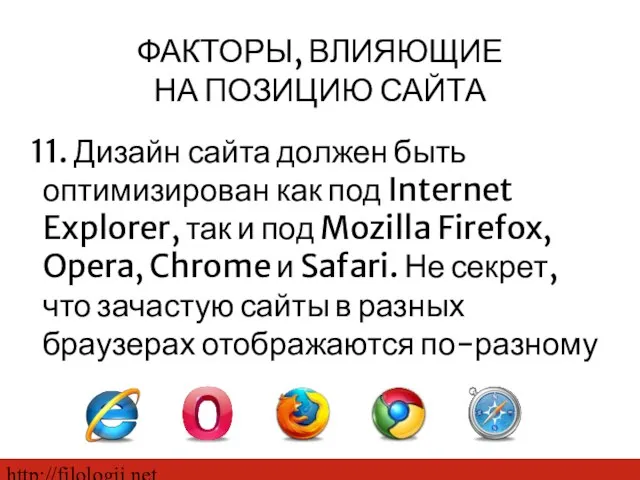 http://filologii.net 11. Дизайн сайта должен быть оптимизирован как под Internet Explorer, так