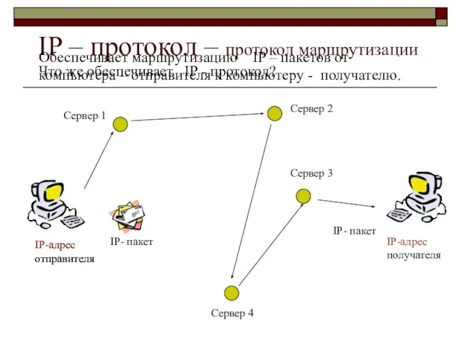 IP – протокол – протокол маршрутизации IP-адрес отправителя IP-адрес отправителя IP-адрес получателя