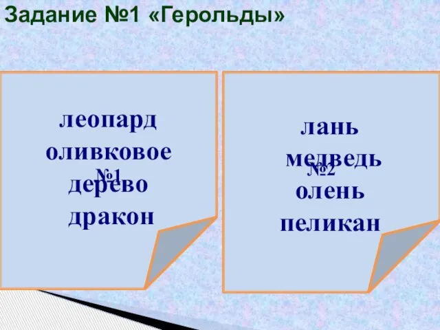 Задание №1 «Герольды» №1 №2 леопард оливковое дерево дракон лань медведь олень пеликан