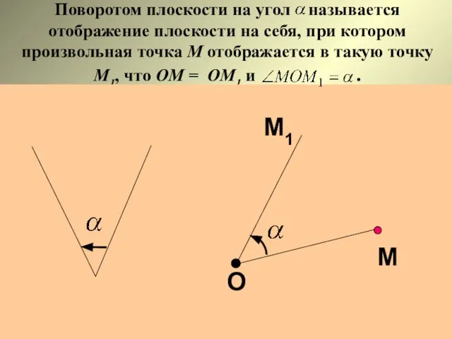 Поворотом плоскости на угол называется отображение плоскости на себя, при котором произвольная