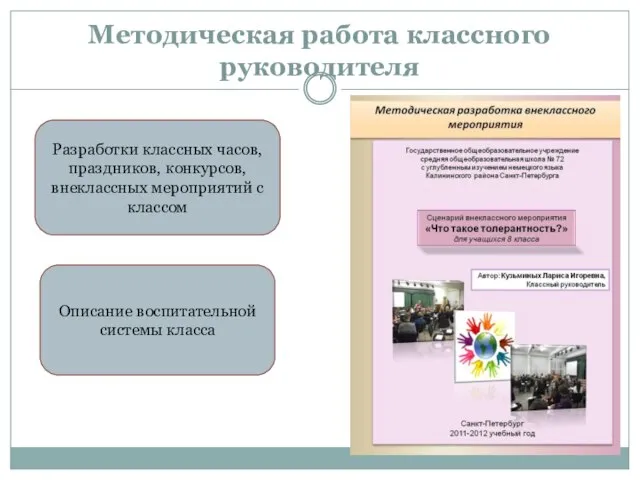 Методическая работа классного руководителя Разработки классных часов, праздников, конкурсов, внеклассных мероприятий с