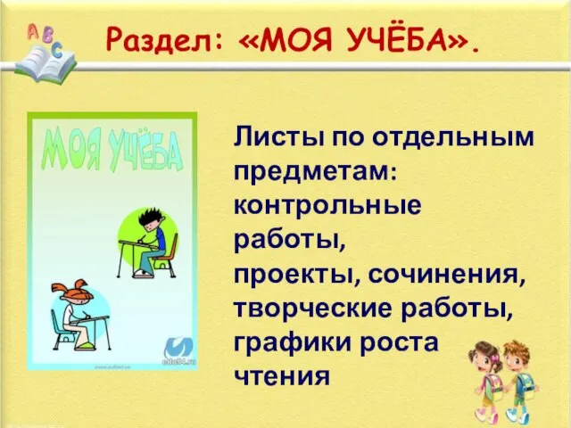 Раздел: «МОЯ УЧЁБА». Листы по отдельным предметам: контрольные работы, проекты, сочинения, творческие работы, графики роста чтения