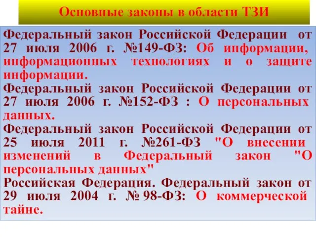 Основные законы в области ТЗИ Федеральный закон Российской Федерации от 27 июля