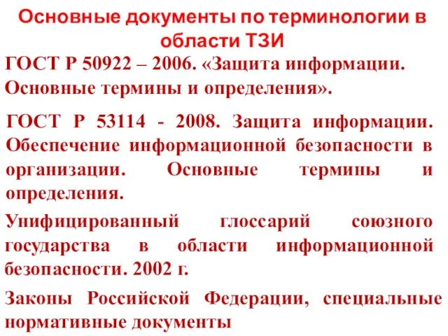 Основные документы по терминологии в области ТЗИ ГОСТ Р 50922 – 2006.