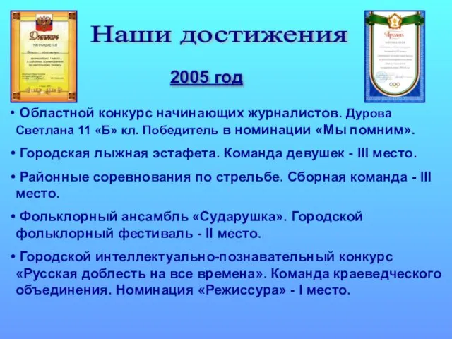 Наши достижения 2005 год Областной конкурс начинающих журналистов. Дурова Светлана 11 «Б»
