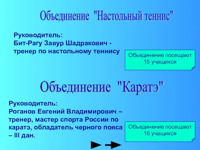 Объединение "Настольный теннис" Объединение "Каратэ" Руководитель: Роганов Евгений Владимирович – тренер, мастер