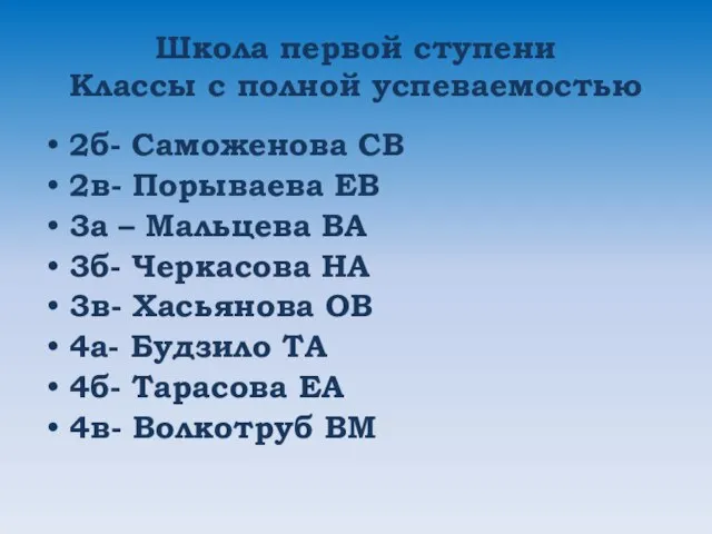 Школа первой ступени Классы с полной успеваемостью 2б- Саможенова СВ 2в- Порываева