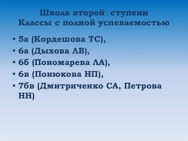 Школа второй ступени Классы с полной успеваемостью 5а (Кордешова ТС), 6а (Дыхова